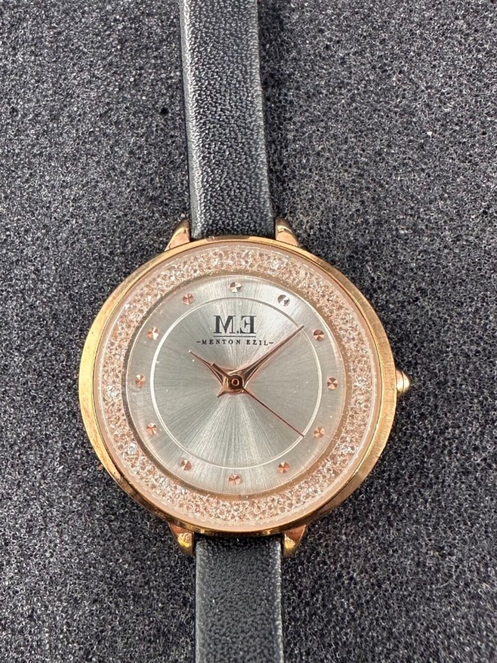 Menton Ezil Watch Womens Rose Gold Tone Thin Black Leather Band New Battery 9.5"